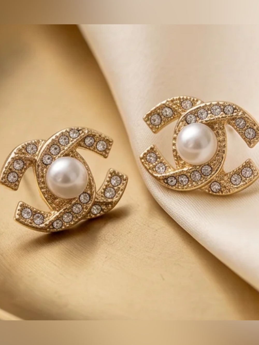 Gold Pearl Crystal Chanel Style Stud Earrings